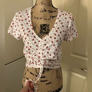 SHEIN White floral print Ruched Crop T-Shirt cinched adjustable Large L